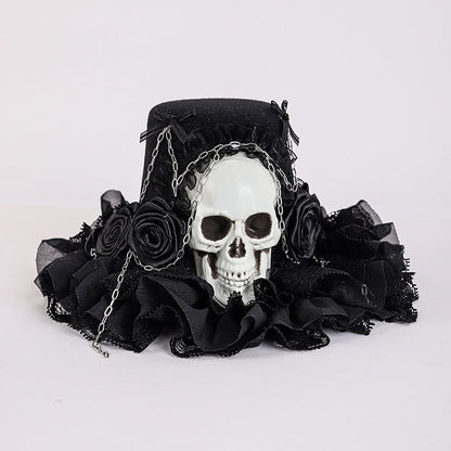 Black Floral Design Gothic Halloween Skeleton Mini Hat with Chains