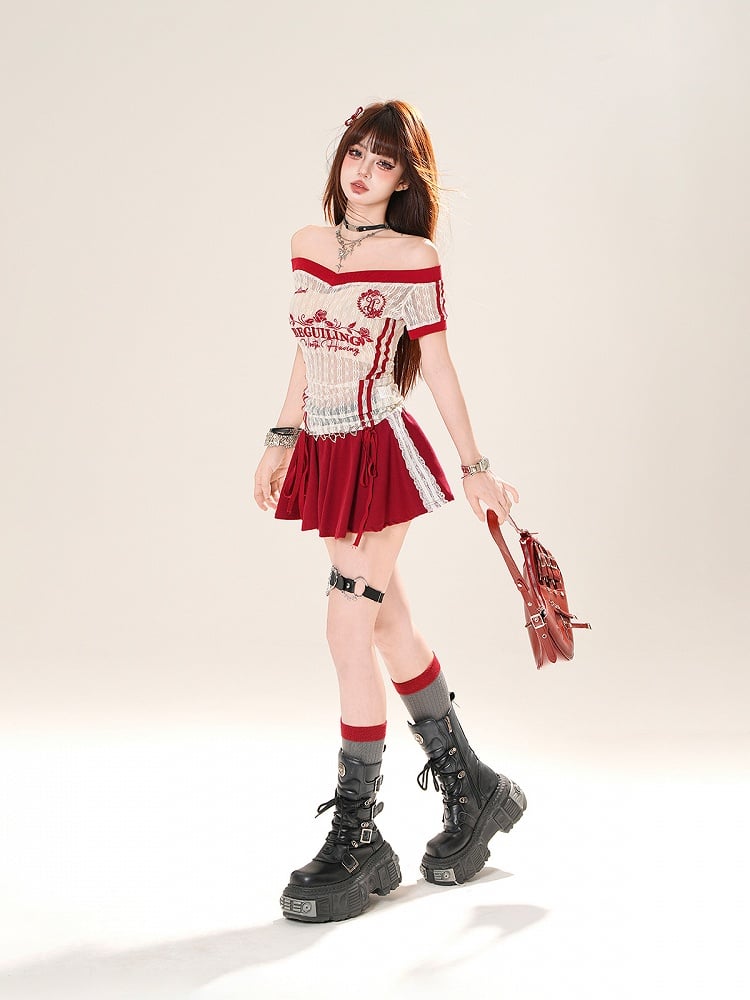 Black/White Off-the-shoulder Neckline Semi-sheer Lace T-shirt