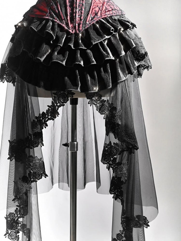 Gothic Black Velvet Tiered Skirt with Detachable Tulle Train