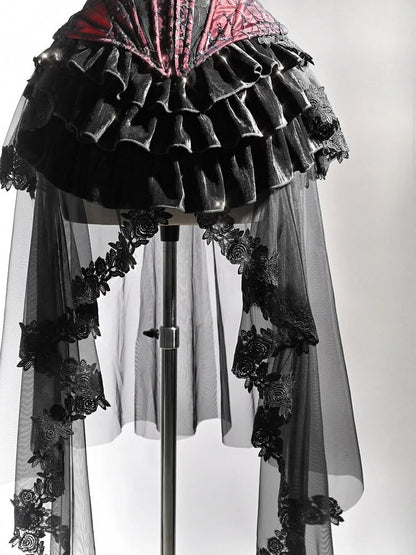 Gothic Black Velvet Tiered Skirt with Detachable Tulle Train