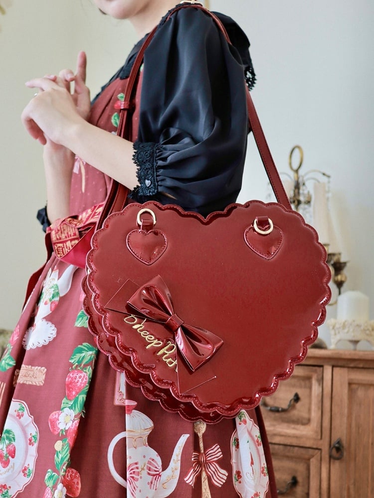Multi-Way Polished Red Heart Bag for Lolita - Cookie Design with Bow Accent and Secure Zipper