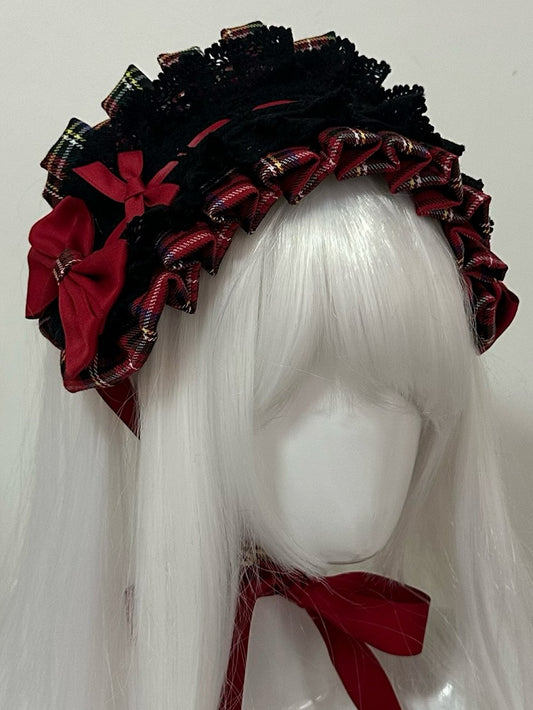 Black&Red Plaid Pattern Bowknot Details Ruffled Hairband