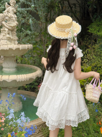 White Floral Embroidery Lace Trim Mori Kei Dress