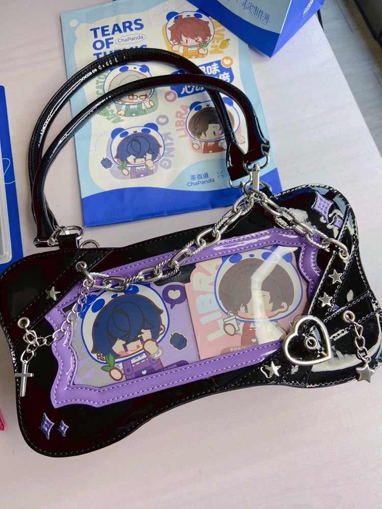 Black & Purple Bone Shape Ita Shoulder Bag with Cross Charm Chain