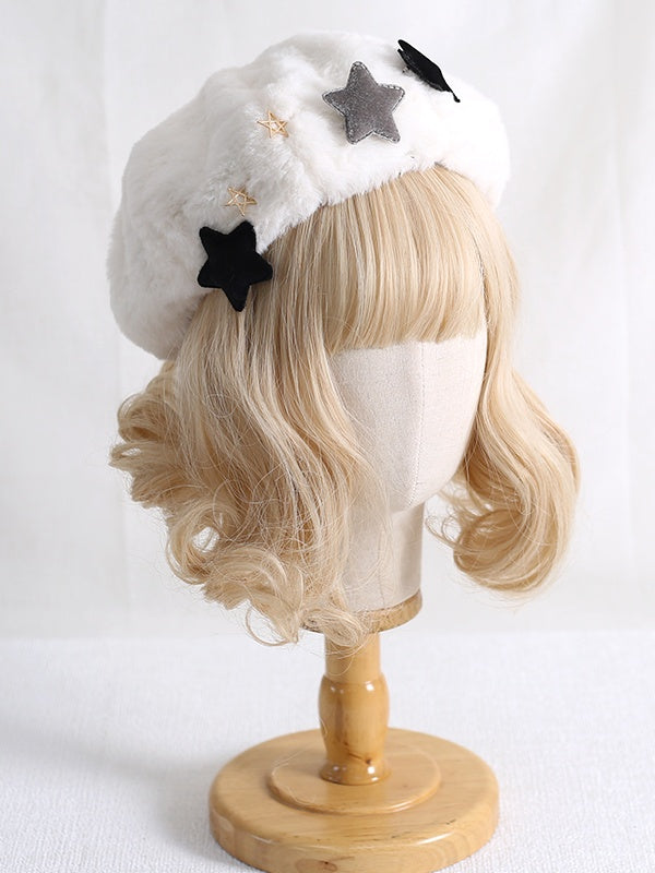 Cute Lolita White Plush Beret with Gray & Black Star Decorations