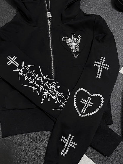 Black Bittersweet Cross And Heart Design Cat Ear Hooded Jacket