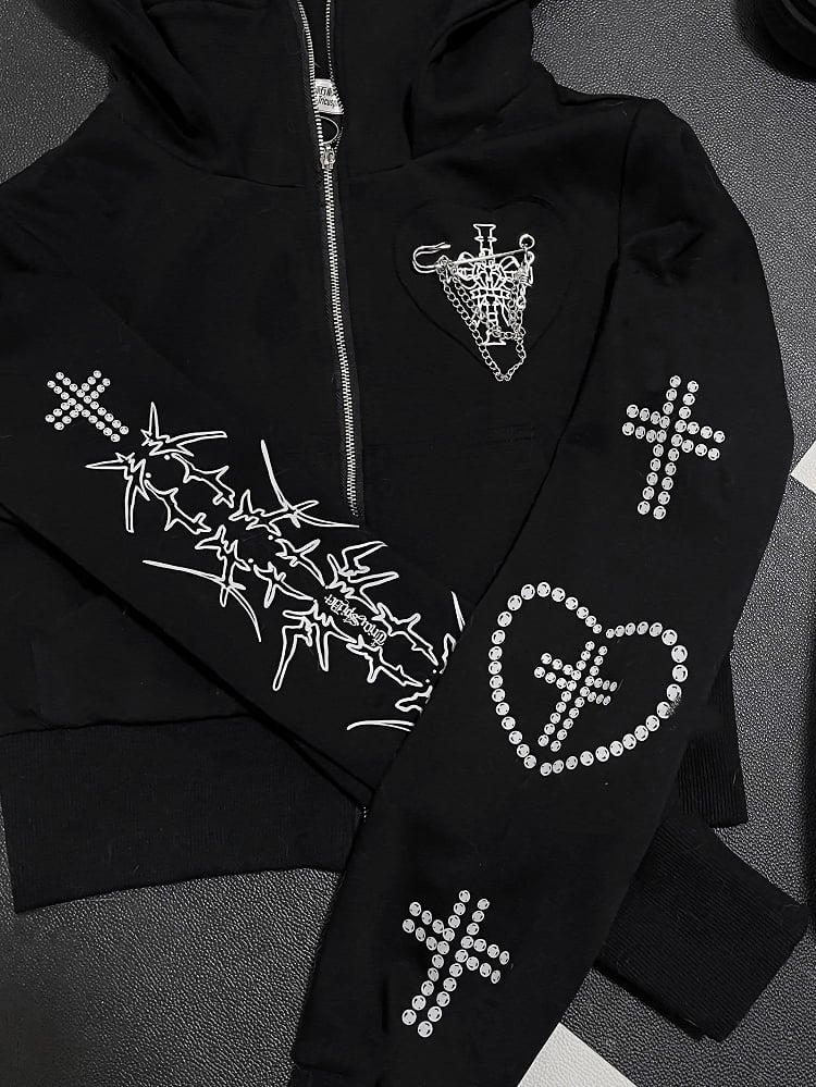 Black Bittersweet Cross And Heart Design Cat Ear Hooded Jacket