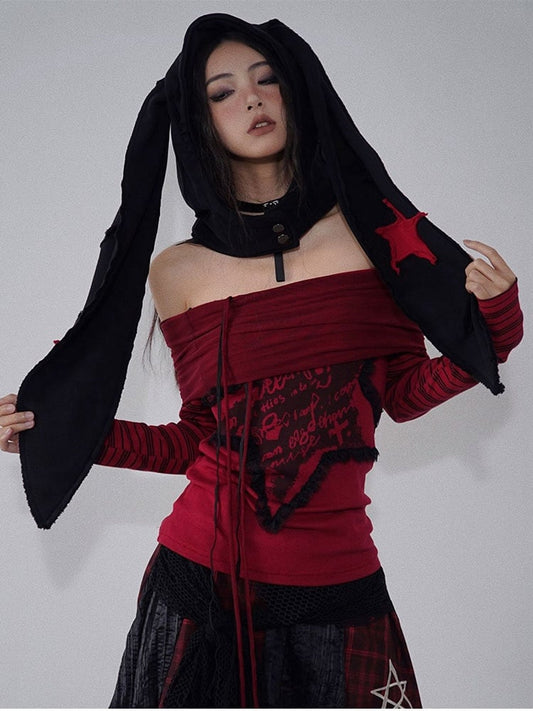 Distressed Holes Punk Bunny Ears Hat Black/Red