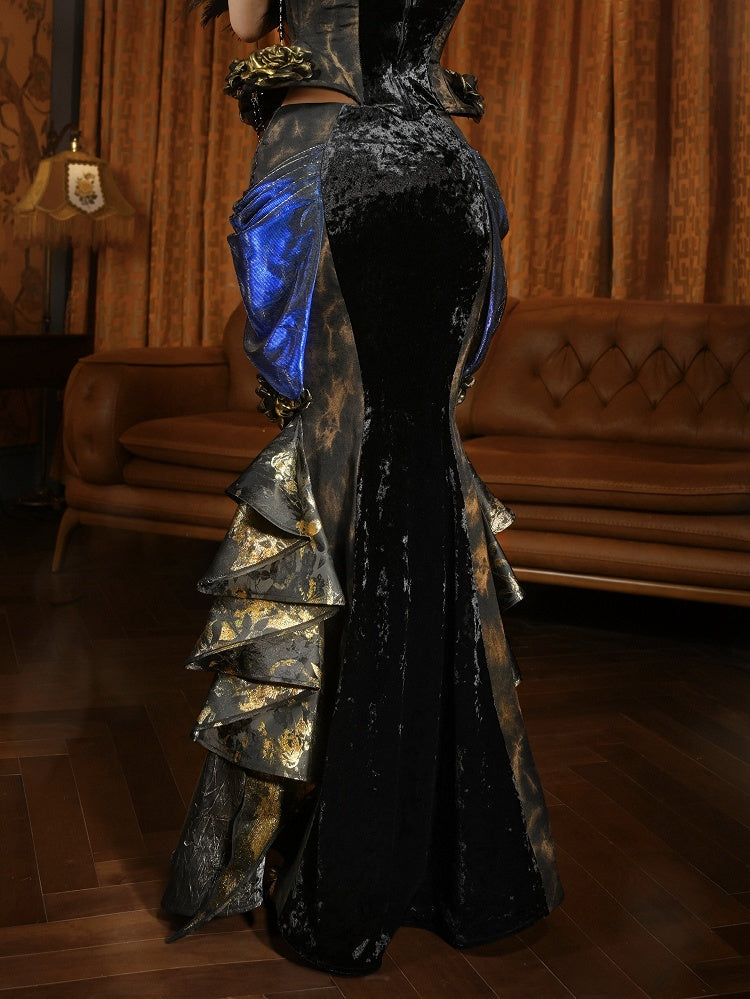 Black and Gold Victorian Goth Mermaid Skirt with Removable Roses Pin and Bead Chain