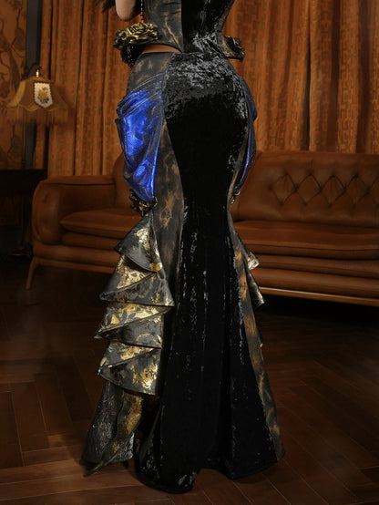 Black and Gold Victorian Goth Mermaid Skirt with Removable Roses Pin and Bead Chain