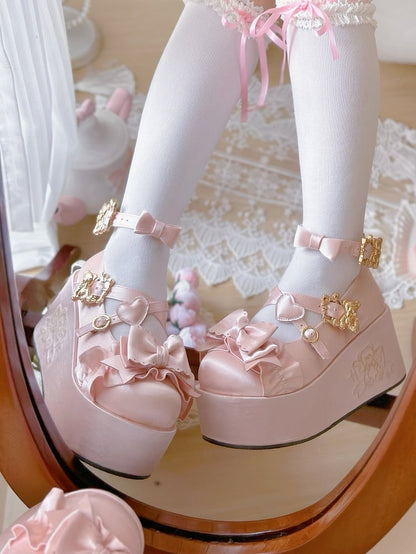 Pink Bear Buckle Straps Bowknot Platform Shoes with Bear Embroidery