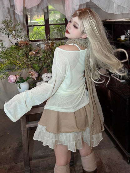 Plus Size Y2K White and Khaki High Waist Skirt