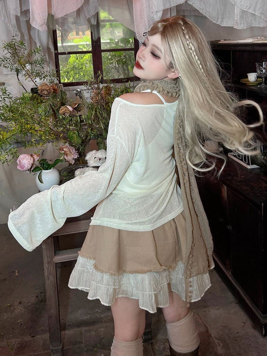 Plus Size Y2K White Butterflies Print Long Sleeves Top with Chain + Tank Top Set