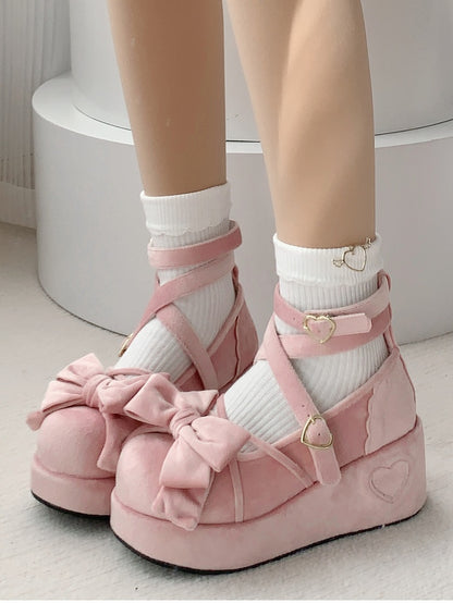 Velvet Pink Sweet Lolita Platform Mary Janes - Bow Accents, Crisscross Straps & Heart Buckle