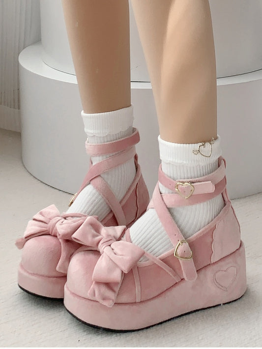 Velvet Pink Sweet Lolita Platform Mary Janes - Bow Accents, Crisscross Straps & Heart Buckle