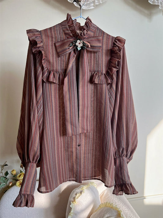 Reddish Brown Striped Pattern Vintage Bishop Sleeves Ruffle Trim Blouse