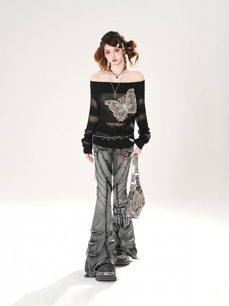 Raw Hem Denim Butterfly Applique Black Off-the-shoulder Neckline Coverup