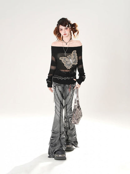 Black Faded Wash Cargo Pockets Raw Hem Distressed Flared Jeans