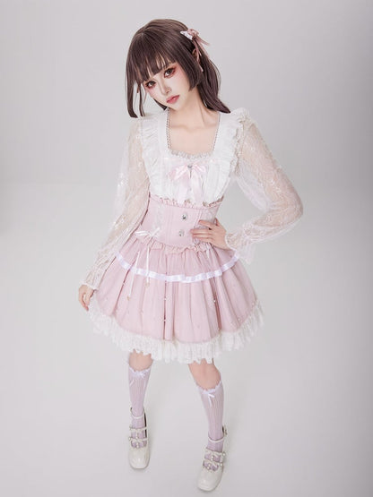 Allover Beads Pink High Waist Jirai Kei Skirt with Lace Up and Shirring Waist