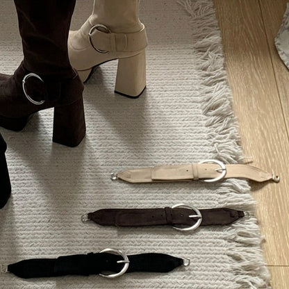 Buckle Details & Inner Zip Closure Square Toe Brown Knee-High Boots with Platform High Block Heel