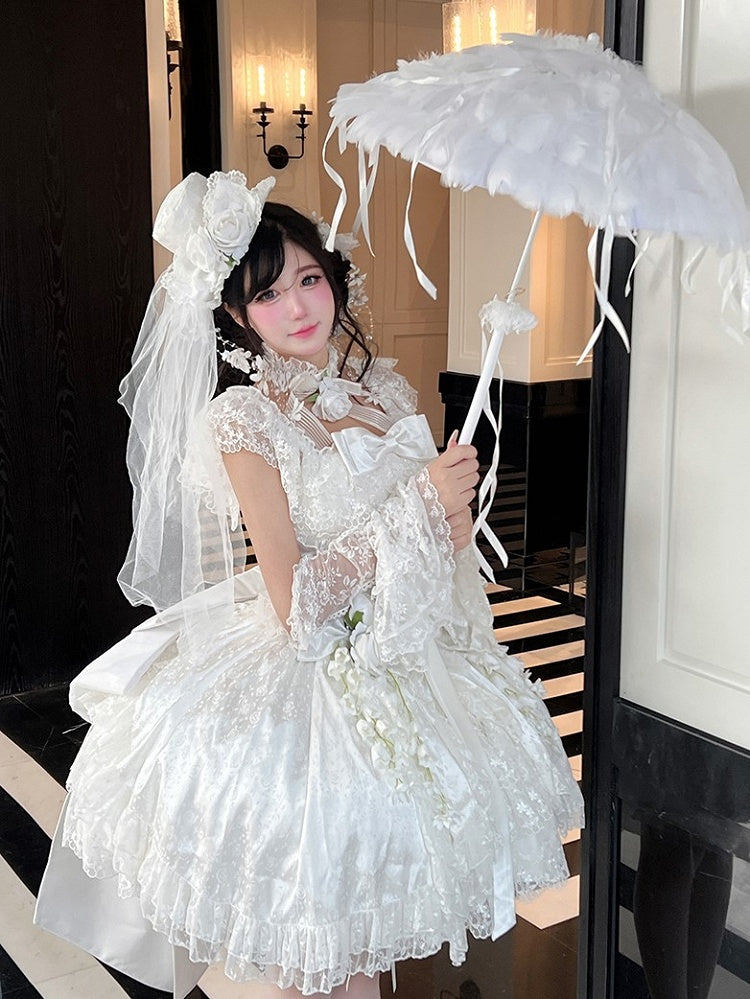 White Tiered Lace Square Neckline Shiro Dress with Bow Accents