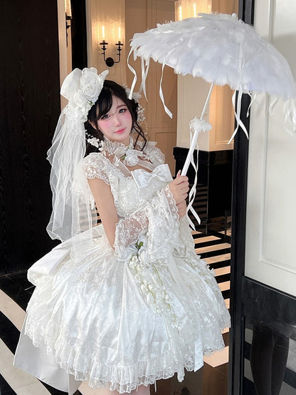 White Tiered Lace Square Neckline Shiro Dress with Bow Accents