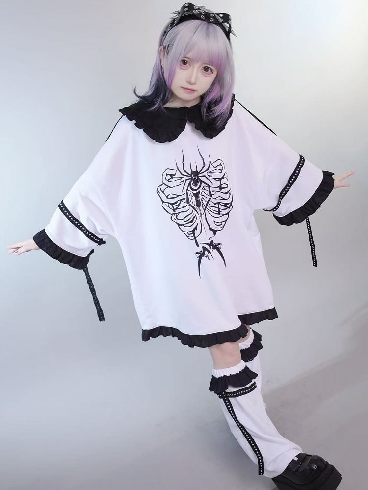 White&Black Jirai Kei Peter Pan Collar Insect Print Ruffles Trim T-shirt With Studs Decorated Leg Warmers