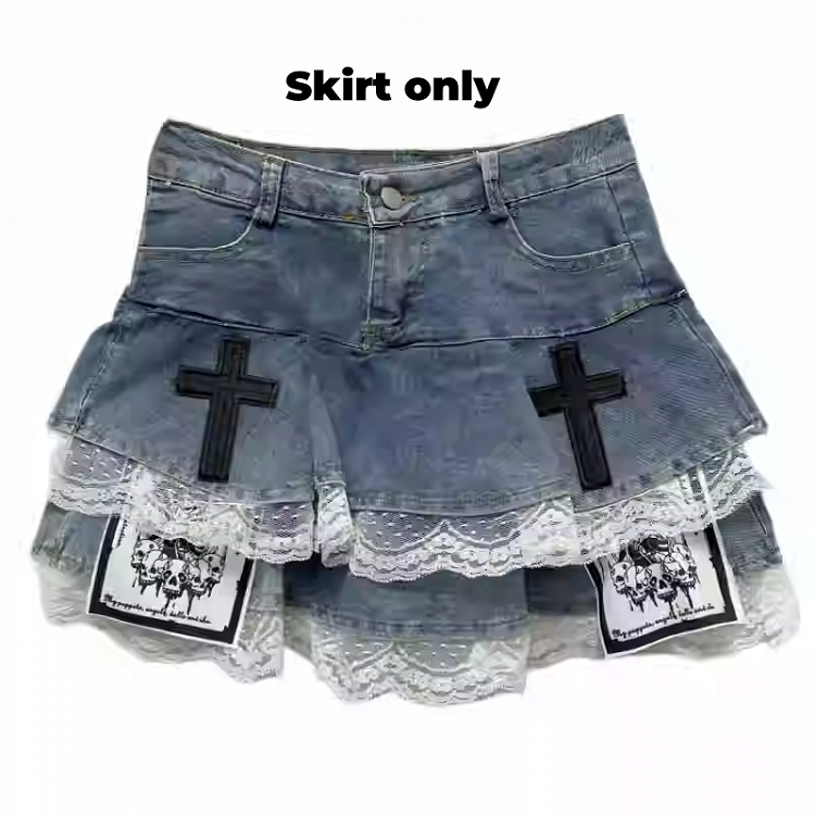 Blue Cross and Skeleton Appliques Lace Trim Glamorous Tiered Skirt
