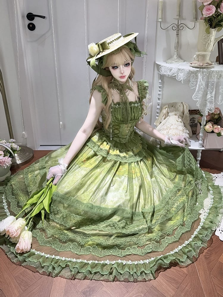 Green Classic Lolita Boned Basque Waist Top + Oil Painting Print Overlay Skirt
