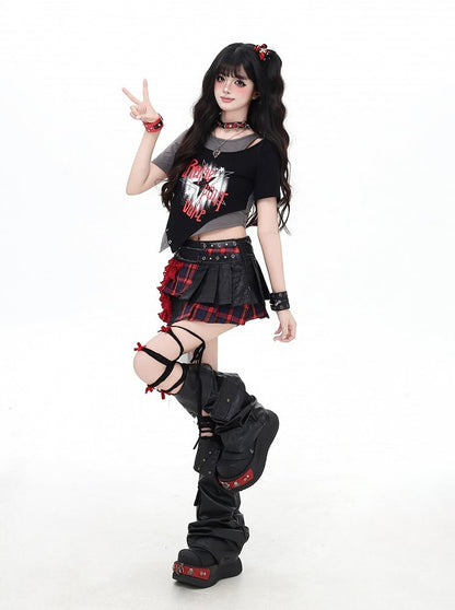 Asymmetrical Hem Star Print Black&Gray / Black&Purple Faux Two-pieces T-shirt