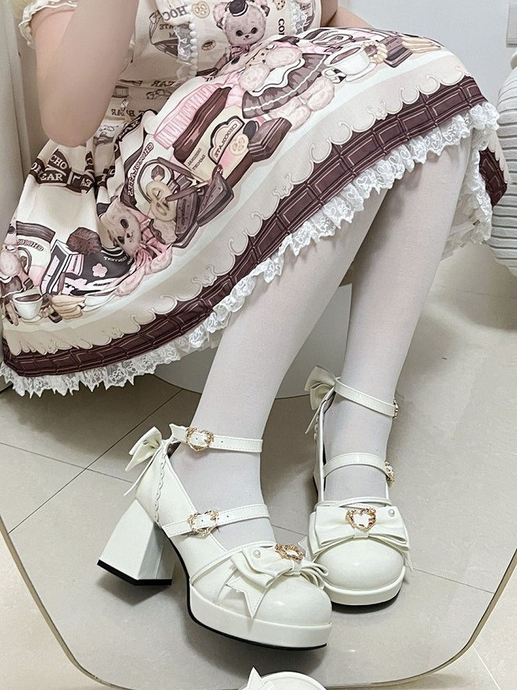 White Bow Accent Crisscross Design Lolita Platform High Block Heels