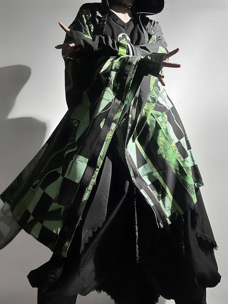 Green Cyberpunk Techwear Ouji Fashion Cat Ears Hooded Top Buckle Strappy Details