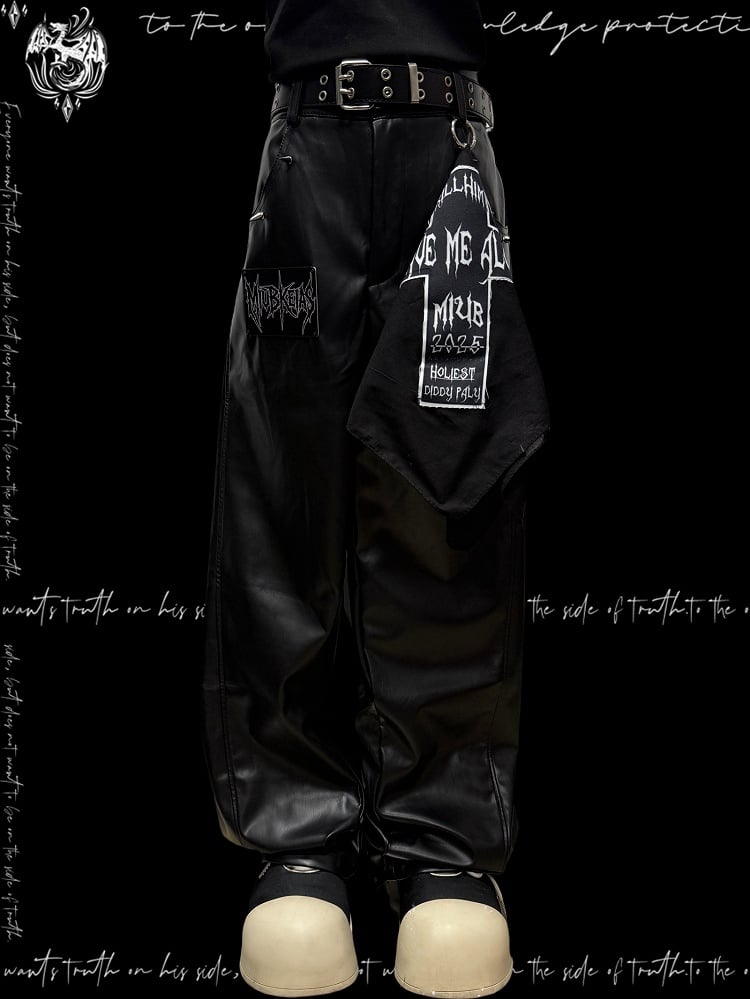 Black Punk Letter Applique Straight-leg Cut Pants