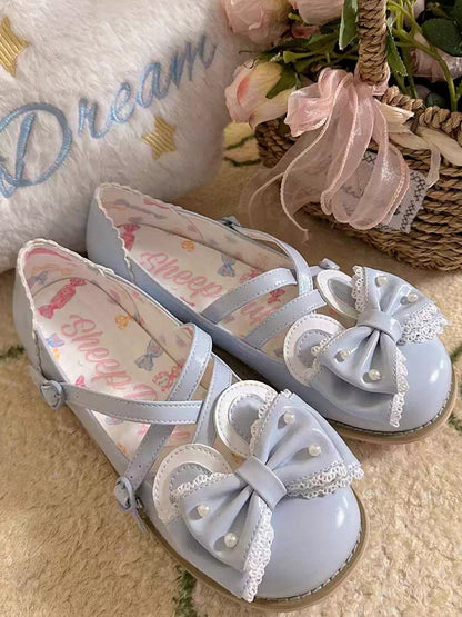 Blue Beaded Decorated Bow at Top Crisscross Design Bunny Ear Lolita Shoes