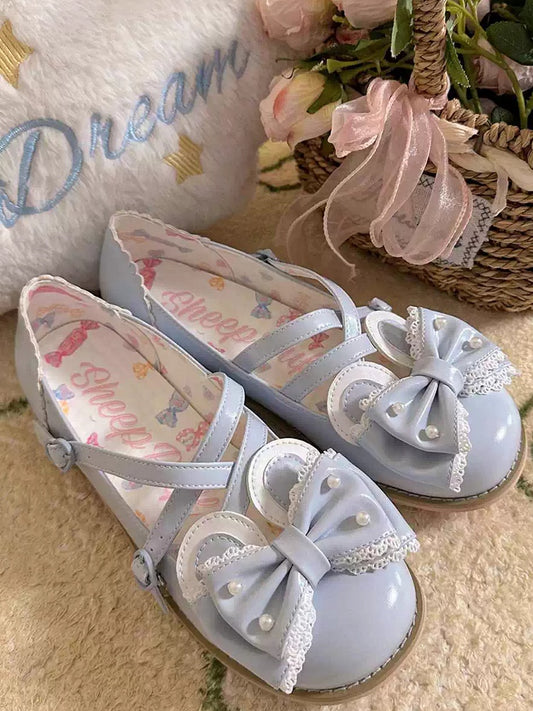 Blue Beaded Decorated Bow at Top Crisscross Design Bunny Ear Lolita Shoes