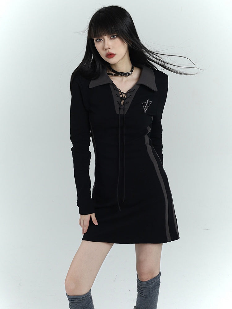 Gothic Black Short Version Dress with Lace-up Detail at Front