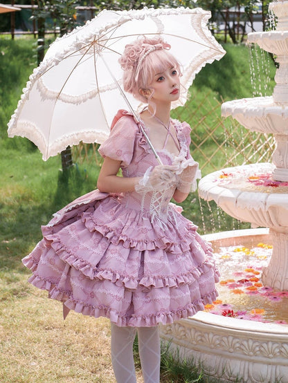 Clearance - Size M for Bust 86-96CM Pink Princess Corset Waist Dress Ruffle Skirt Lolita OP with Big Bow at Back