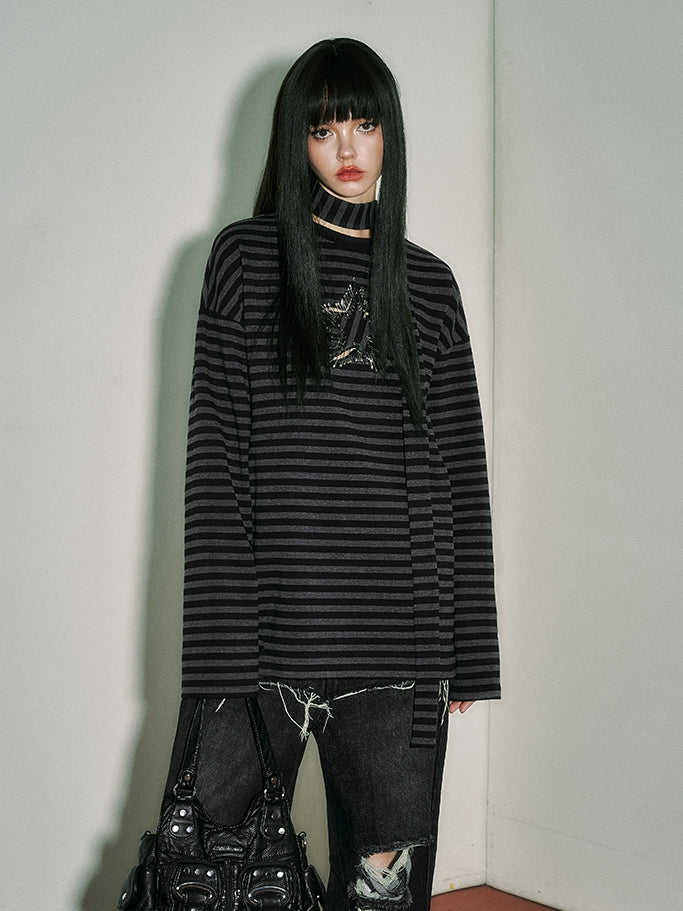 Black and Gray Striped Punk Pins Star Loose Long Sleeves Top