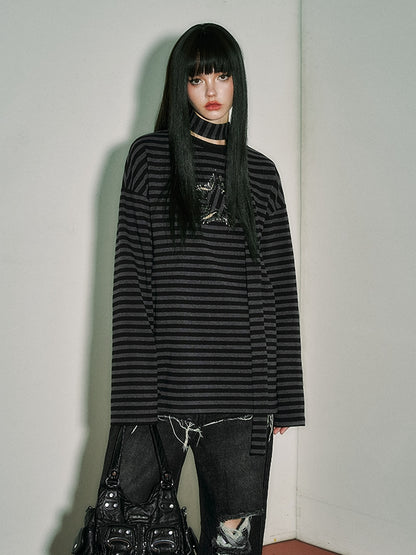 Black and Gray Striped Punk Pins Star Loose Long Sleeves Top