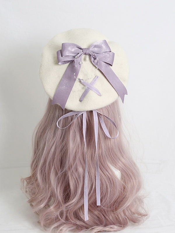 Cute Lolita Off-White Beret With 6-Color Optional Bowknot Ribbon