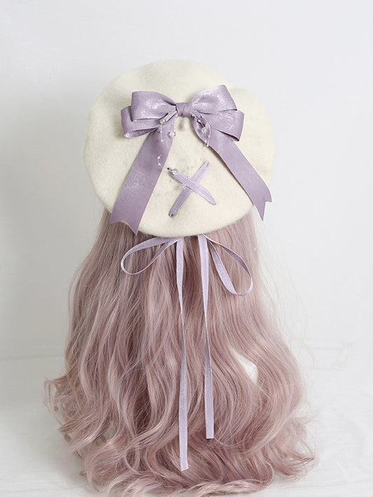 Cute Lolita Off-White Beret With 6-Color Optional Bowknot Ribbon
