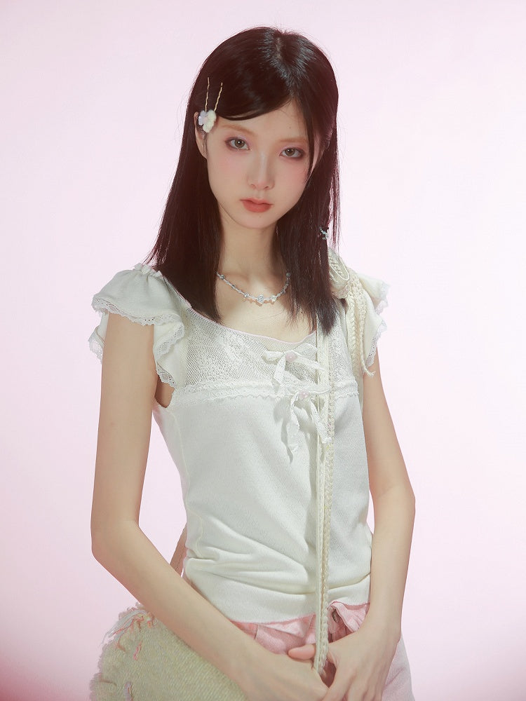 Bowknot Details White Flutter Sleeves Top