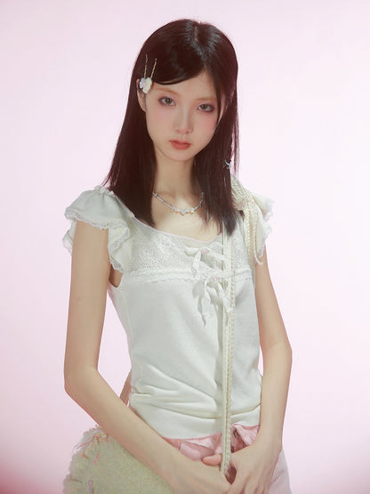 Bowknot Details White Flutter Sleeves Top