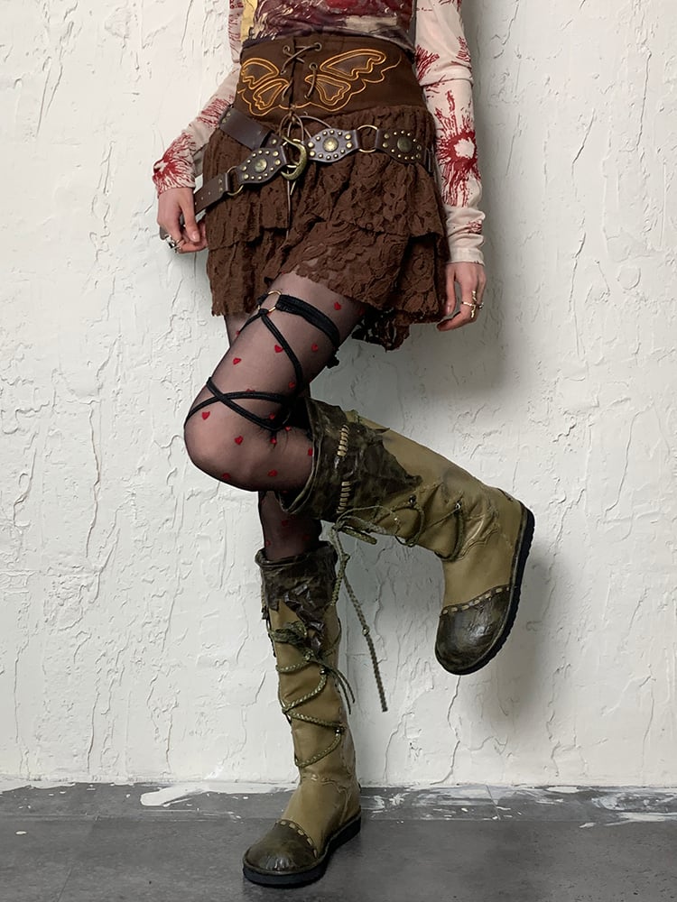 Black Y2K Red Heart Pattern Tights