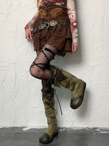 Black Y2K Red Heart Pattern Tights