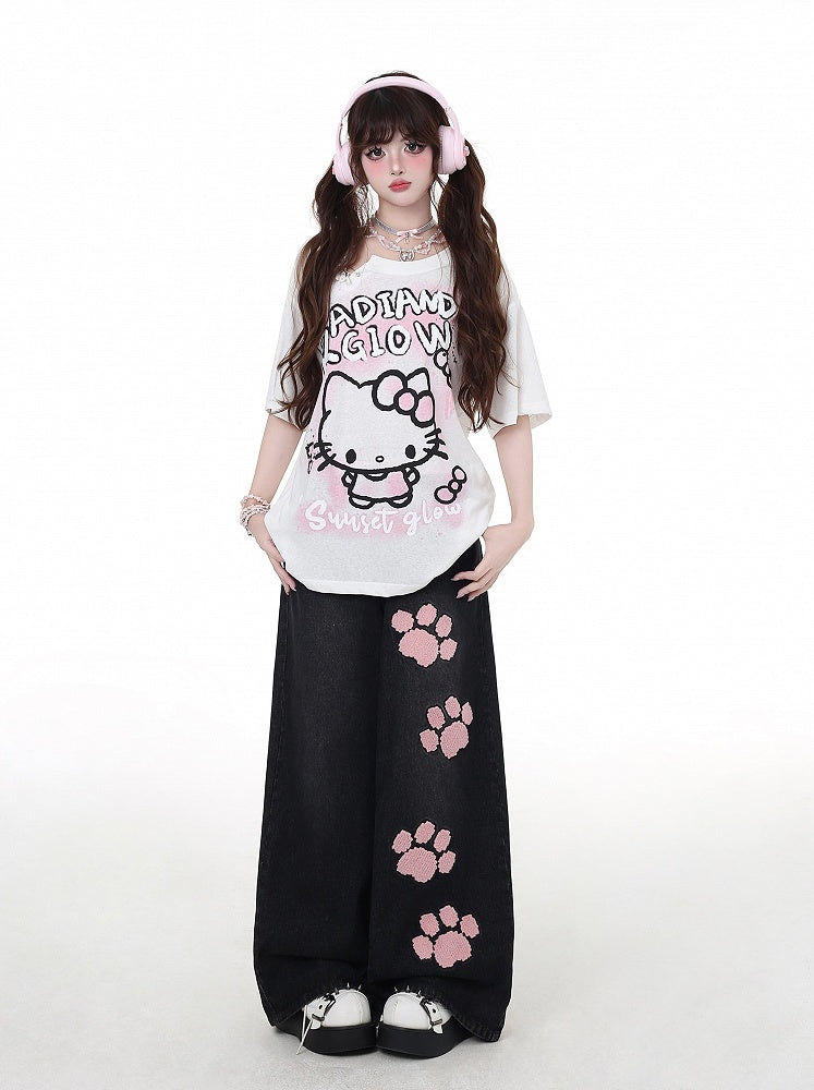 Pink Paw Embroidery Black Low Waist Straight-Leg Jeans