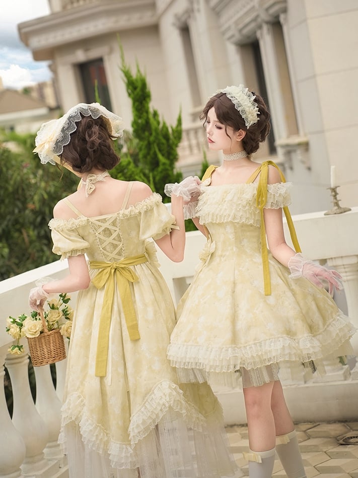 Butterfly and Bows Print Light Yellow Versatile Neckline High Waist Lolita Dress