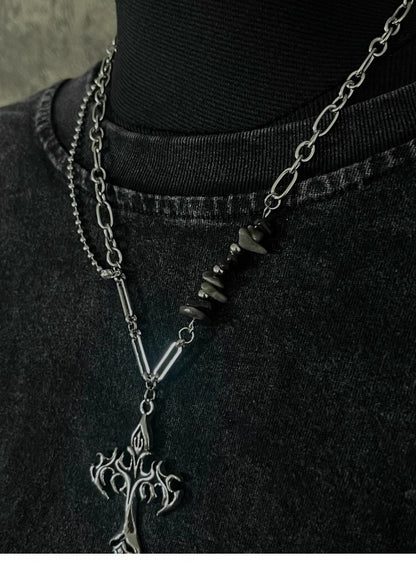 Silver Flame Cross Pendant Necklace with Asymmetric Chain