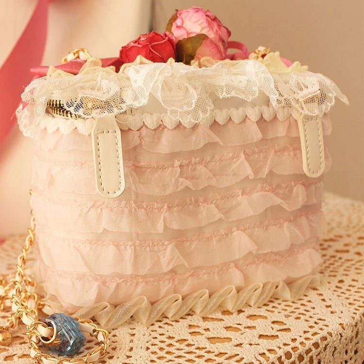 Strawberry Beaded Charm Bowknot Details Lace Trim Bag