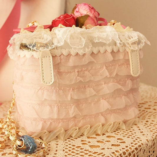 Strawberry Beaded Charm Bowknot Details Lace Trim Bag